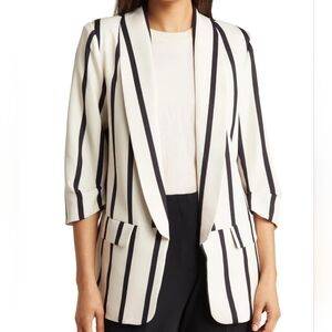 PLM Striped Blazer Cream Dark Navy Open Front Pockets 3/4 Sleeve XS Relaxed XS